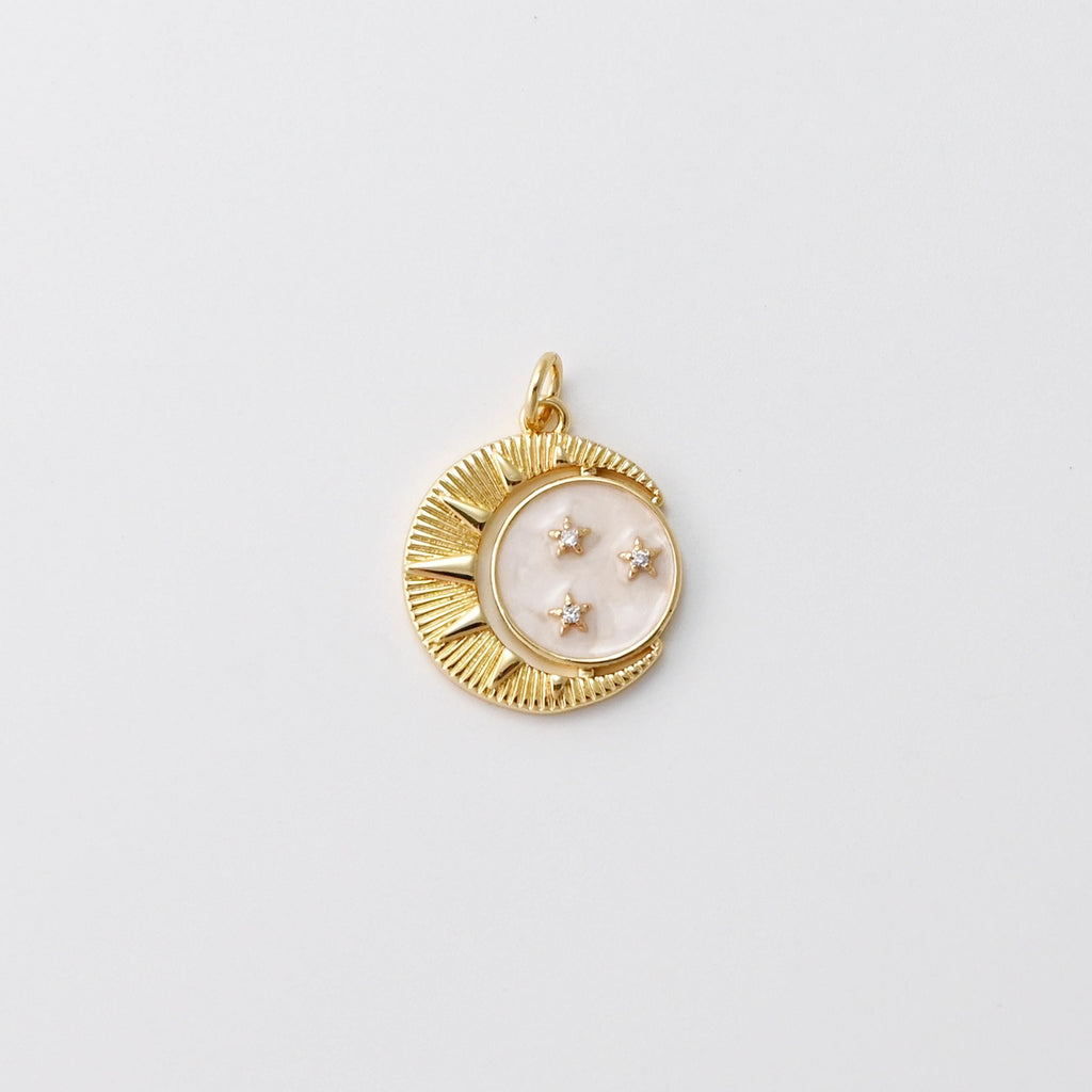 Enamel Cubic Moon & Star Charm, 18K Gold Plated Multicolor Pave Round Pendant, 18mm, Necklace Making Charm, Jewelry Findings S20764