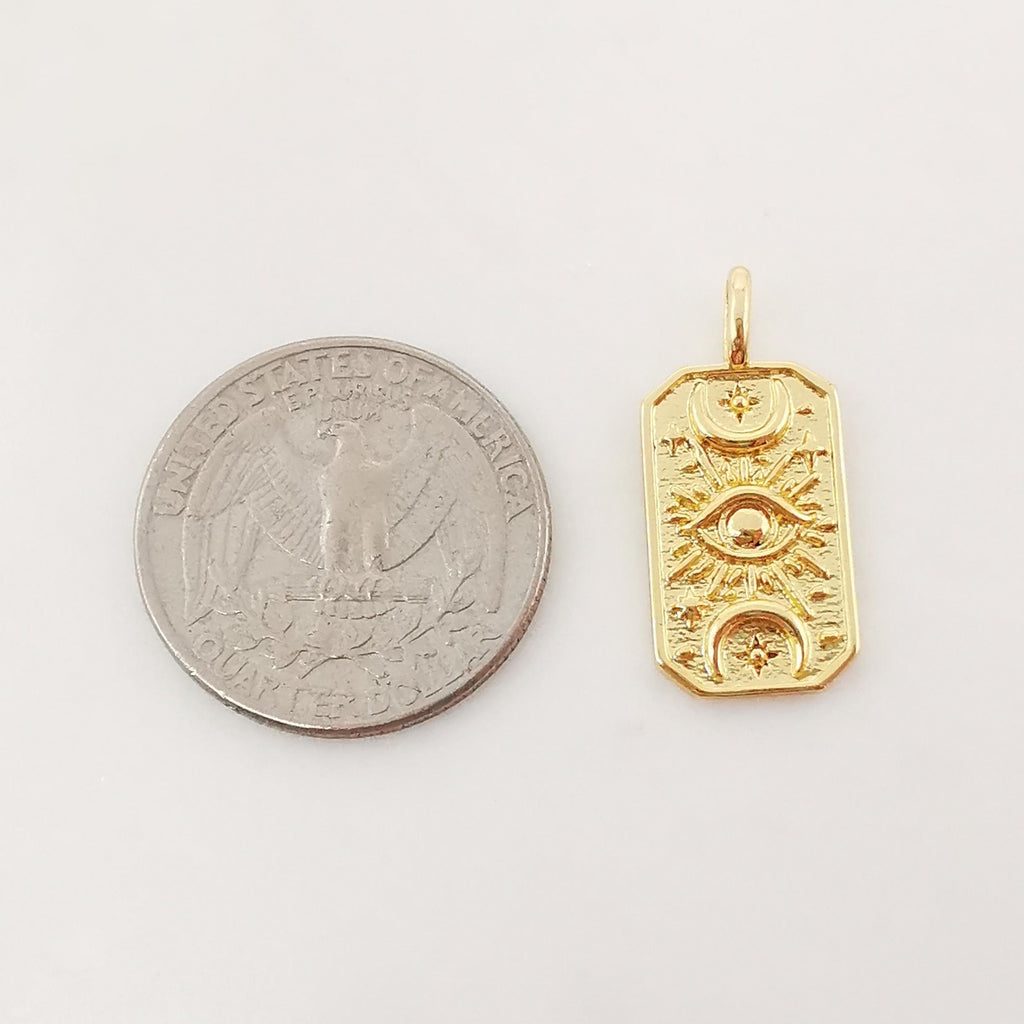 Gold Evil Eye Card Charms, Micro CZ Pave Moon and Star Pendant, 18K Gold Plated Brass, Necklace Making Charms, Jewelry Findings S1005