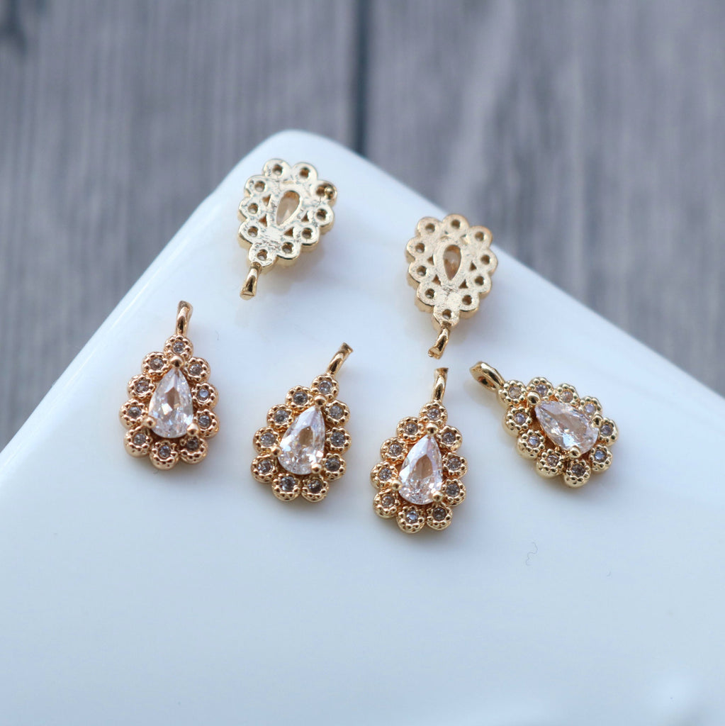 10pcs Flower Drop Charm, Cubic Zircon Crystal Flower Pendant, Real Gold Plated Brass Earring Charms, Jewelry Findings HL081-F118