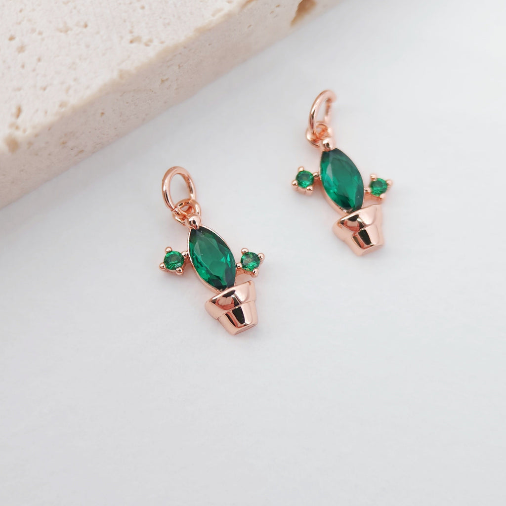 2PCS 10x7mm Green Cactus Charms, 18K Gold Plated Cubic Pave Charms, Tropical Plants Pendant,  Necklace charms, Jewelry Findings S628