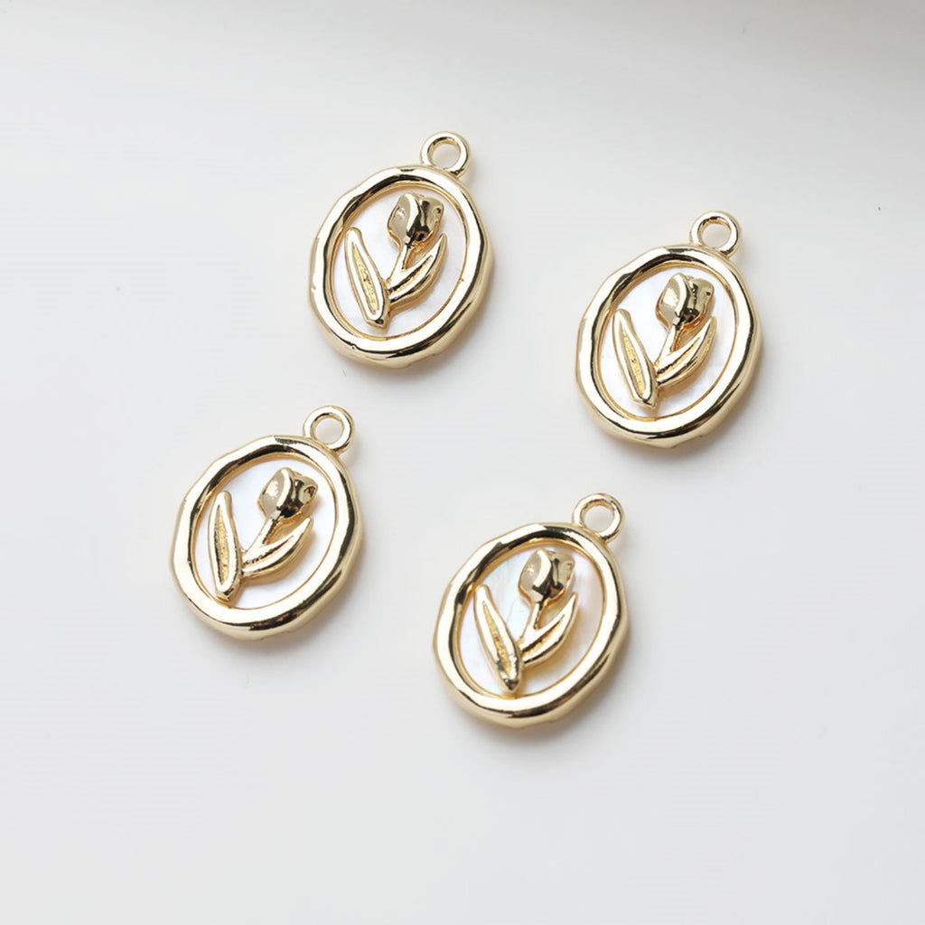 Tulips Oval Shell Pendant, 14K Gold/Silver, Oval Charm, Real Gold Plated, Jewelry Making Findings GZ507