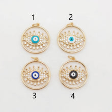 Load image into Gallery viewer, Cubic Evil Eye Charm, 18K Gold Plated Micro CZ Pave Round Pendant, 20mm, Necklace Making Charm, Jewelry Findings S20377
