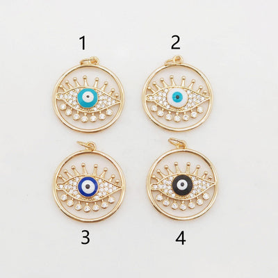 Cubic Evil Eye Charm, 18K Gold Plated Micro CZ Pave Round Pendant, 20mm, Necklace Making Charm, Jewelry Findings S20377