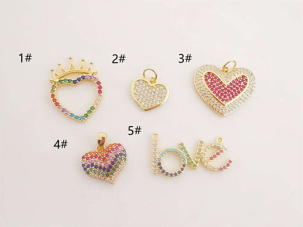 Heart Charms, Multicolor Cubic Pave , 18K Gold Plated CZ Pave, Love Charms, Bracelet Necklace Making Pendants, Jewelry Findings S20305