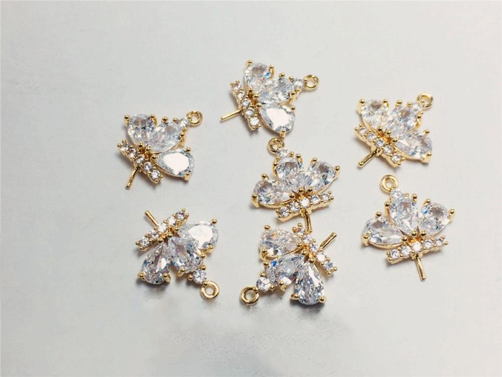 Leaf Charm, Cubic Zircon Crystal Flower Pendant, CZ Earring Charms,  Real Gold Plated Brass Earring Charms, Jewelry Findings STG024-F174