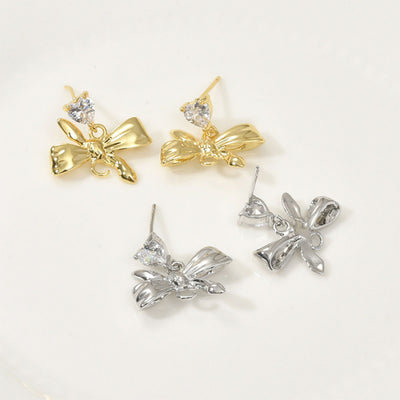 Bow Love Pave CZ Earring Post, 18K Gold/Silver Plated, S925 Silver Pin Nickel Free Earrings, Hypoallergenic Earring Findings LL180