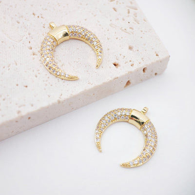 Cubic OX Horn Charm, 18K Gold Plated Crescent Moon Pendant, Micro CZ Pave Charm, 20x21mm, Jewelry Findings S109