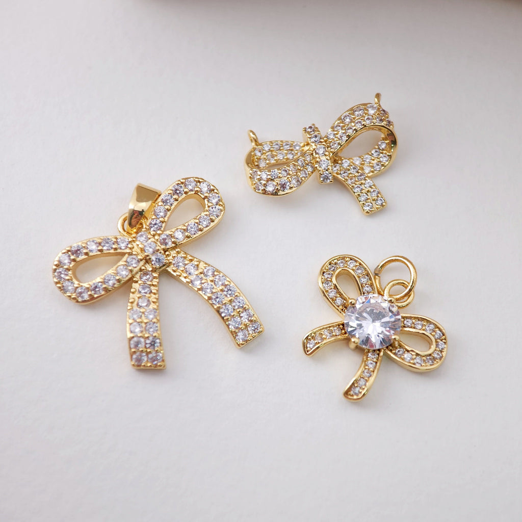 CZ Pave Bow Tie Charm, Cubic Zircon Crystal Bow Tie Pendant, Bracelet Necklace Pendant,  Gold Plated, Jewelry Findings S1217