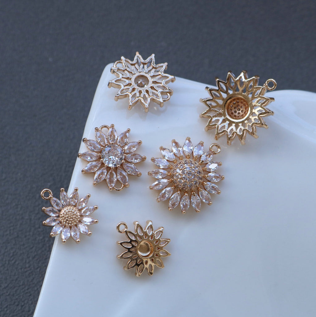 Sun Flower Charm, Cubic Zircon Crystal Flower Pendant, CZ Earring Charms,  Gold Plated Brass Earring Charms, Jewelry Findings HL013-F218
