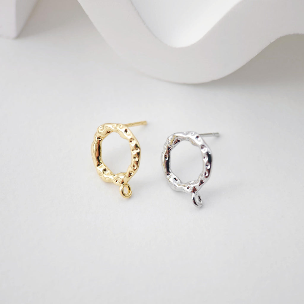 18K Gold Hammered Circle Post With Loop, S925 Silver Pin, Round Stud Earring Nickel Free, 14.6*11.5mm, Hypoallergenic Earring Findings D0231