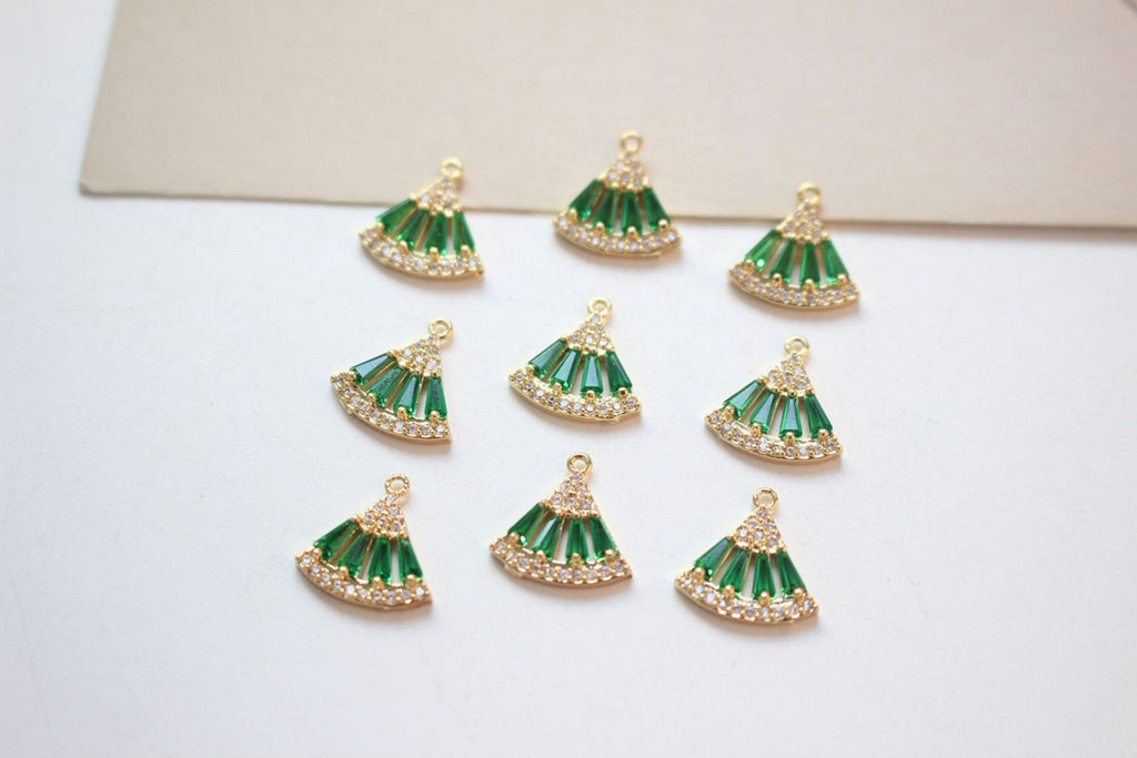 CZ Pave Fan Shape Charm, Cubic Zircon Crystal Fan Connector, CZ Earring Charms, Gold Plated  Earring Charms, Jewelry Findings BB030-F031