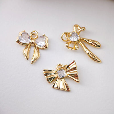 CZ Pave Bow Tie Charm, Cubic Zircon Crystal Bow Tie Pendant, Bracelet Necklace Pendant,  Gold Plated, Jewelry Findings S1216