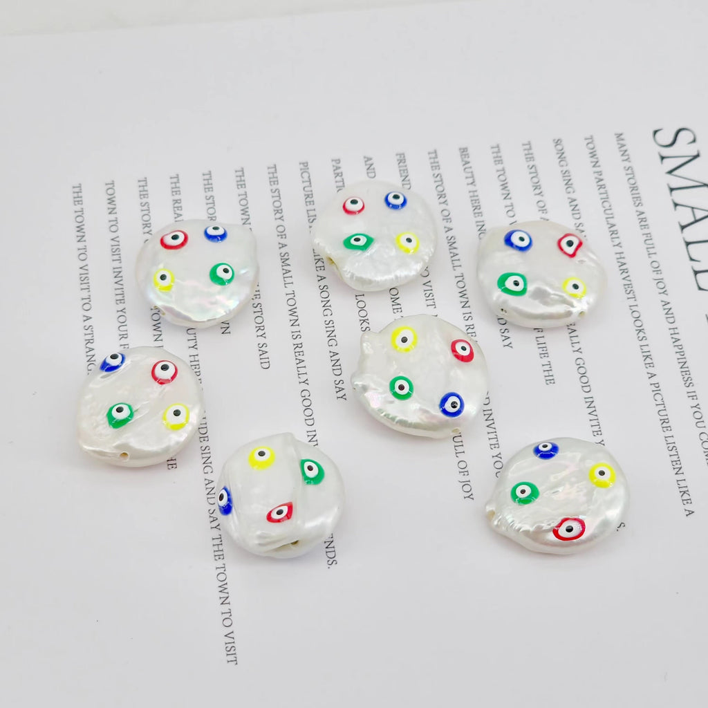 Natural Freshwater Pearl Beads, Enamel Evil Eye Baroque Pearl Charm, 18K Gold Plated, 17mm, Bracelet Necklace Making Jewelry Finding S20597