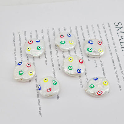 Natural Freshwater Pearl Beads, Enamel Evil Eye Baroque Pearl Charm, 18K Gold Plated, 17mm, Bracelet Necklace Making Jewelry Finding S20597