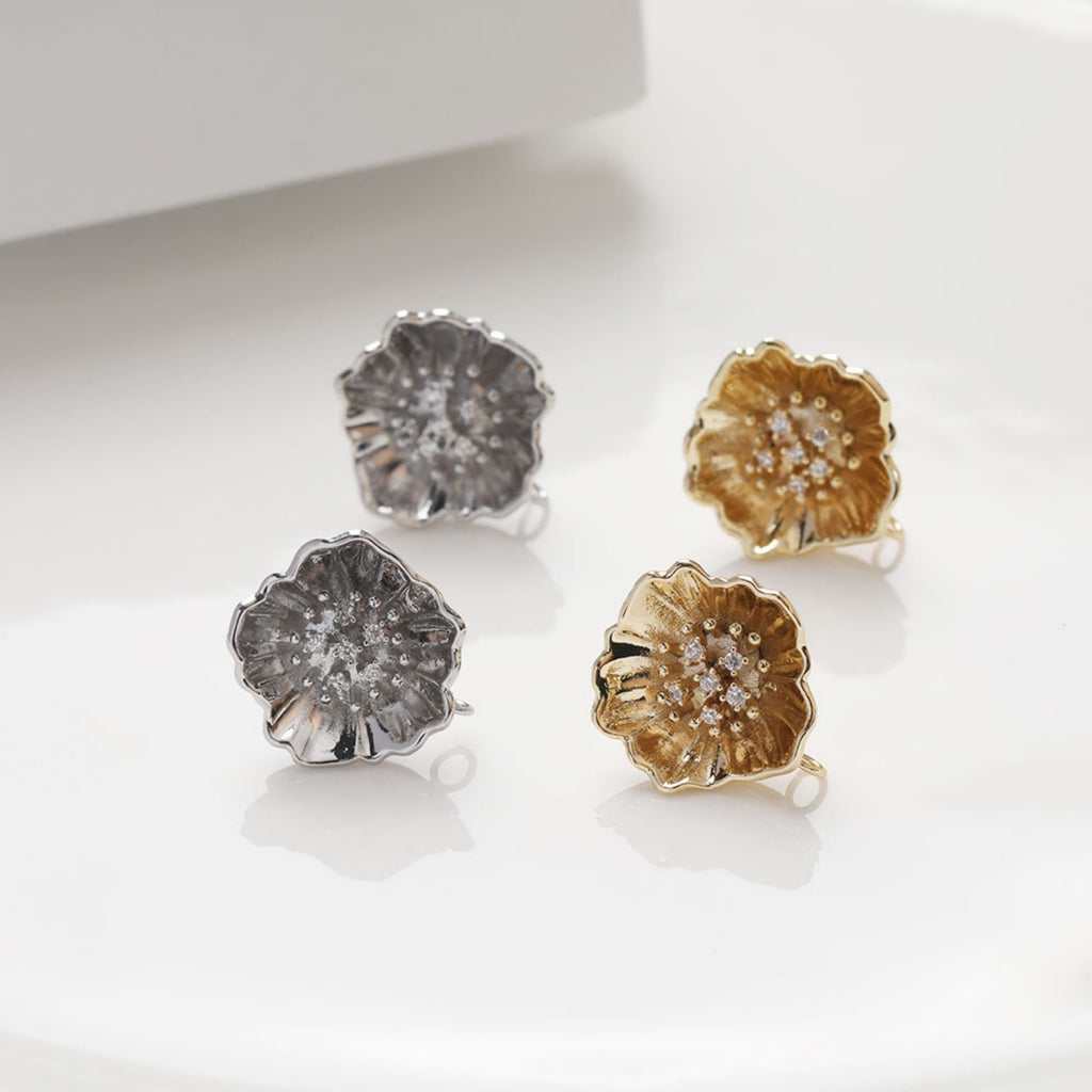 Cubic Flower Earring Post with Loops, S925 Silver Pin Nickel Free Earrings, CZ Pave Ear Stud Loop, Hypoallergenic Earring Findings BB045