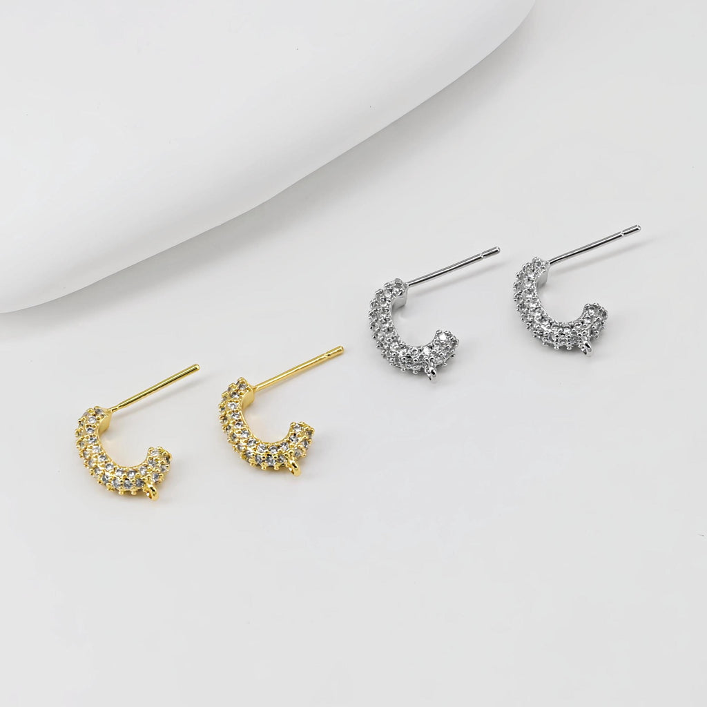 C Shape Ear Post, Nickel Free, CZ Pave, S925 Silver Pin, 14*3.3mm, 18K Gold Plated Stud Earring Finding D0406