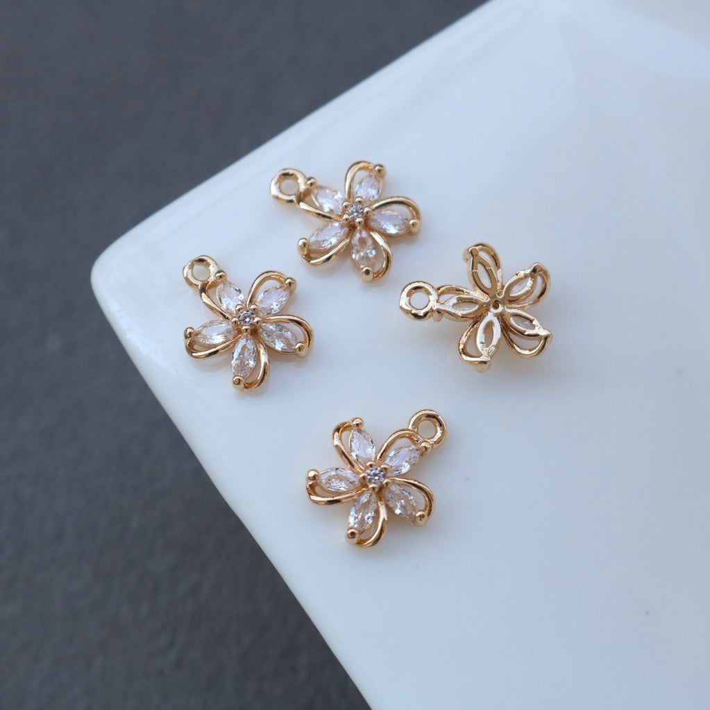 CZ Flower Charm, Cubic Zircon Crystal Flower Pendant, CZ Earring Charms,  Real Gold Plated Brass Earring Charms, Jewelry Findings HL020-F163