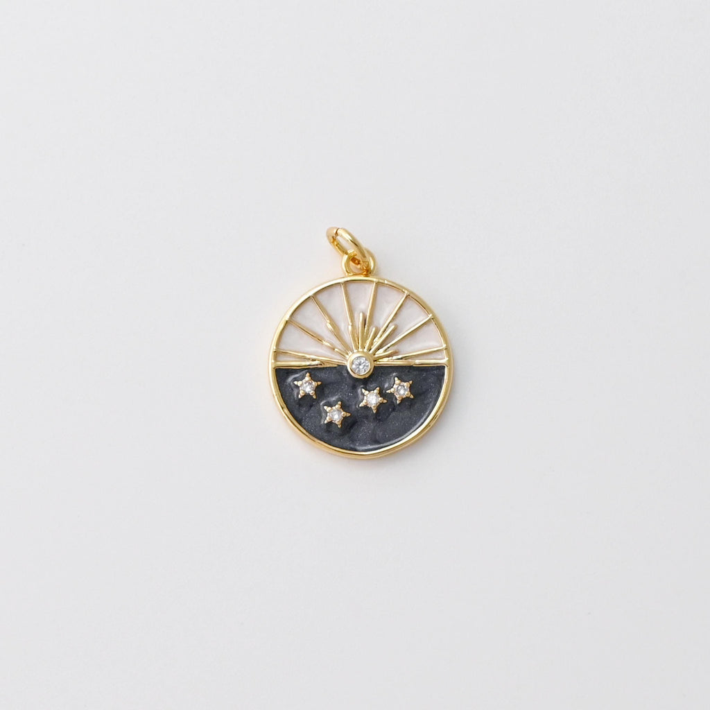 Enamel Cubic Moon & Star Charm, 18K Gold Plated Multicolor Pave Round Pendant, 18mm, Necklace Making Charm, Jewelry Findings S20764