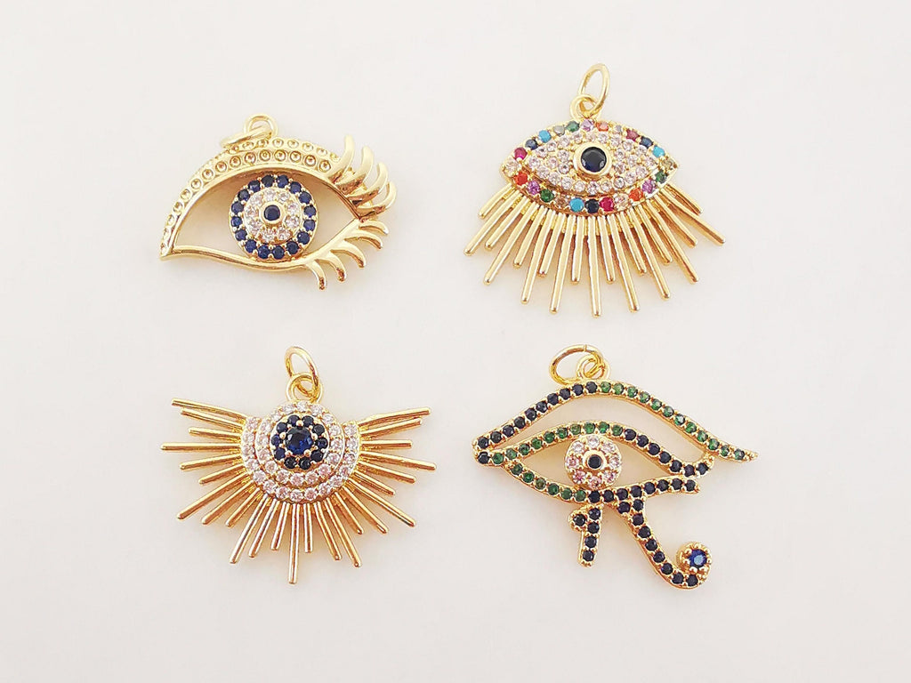 Cubic Evil Eye Charm, 18K Gold Plated Micro CZ Pave Eye Collection Pendant Necklace Making Charm, Jewelry Findings S20224