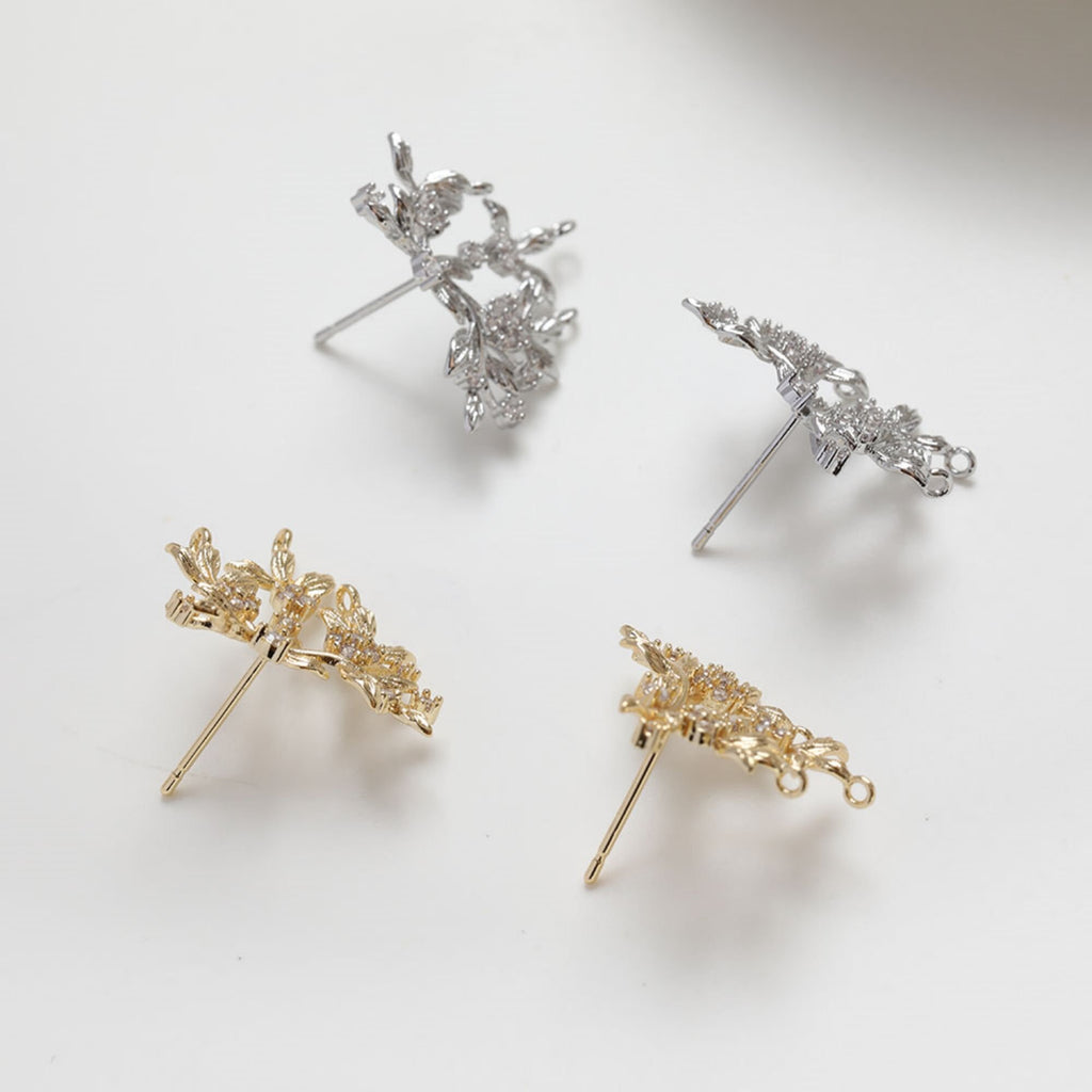 Leaf Earring Post With Loop, S925 Silver Ear Pin, Nickel Free Earrings, CZ Pave Ear Stud, Hypoallergenic Earring Findings GZ232