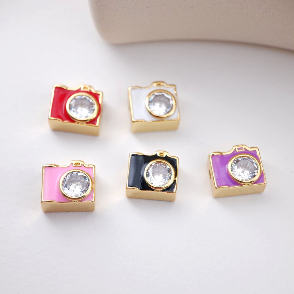 Enamel Camera Beads, Square Spacer Beads, Large Hole Gold Plated Beads, 18K Gold Plated,  Bracelet Necklace Making Jewelry Finding S1166