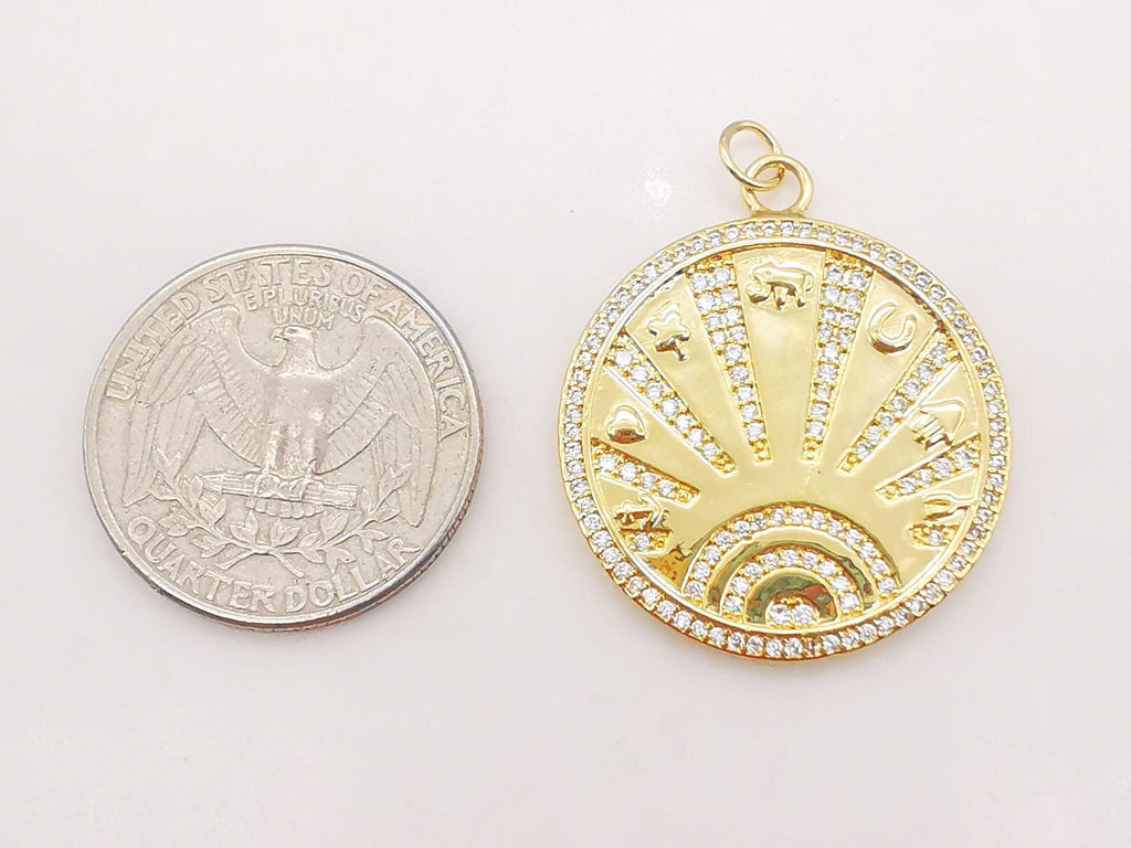 Gold Sun Charm, Cubic Sunshine Round Pendant, 18K Shiny Gold Plated Micro CZ Pave, 28mm, Necklace Making Charm, Jewelry Findings S20729