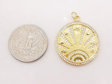 Load image into Gallery viewer, Gold Sun Charm, Cubic Sunshine Round Pendant, 18K Shiny Gold Plated Micro CZ Pave, 28mm, Necklace Making Charm, Jewelry Findings S20729
