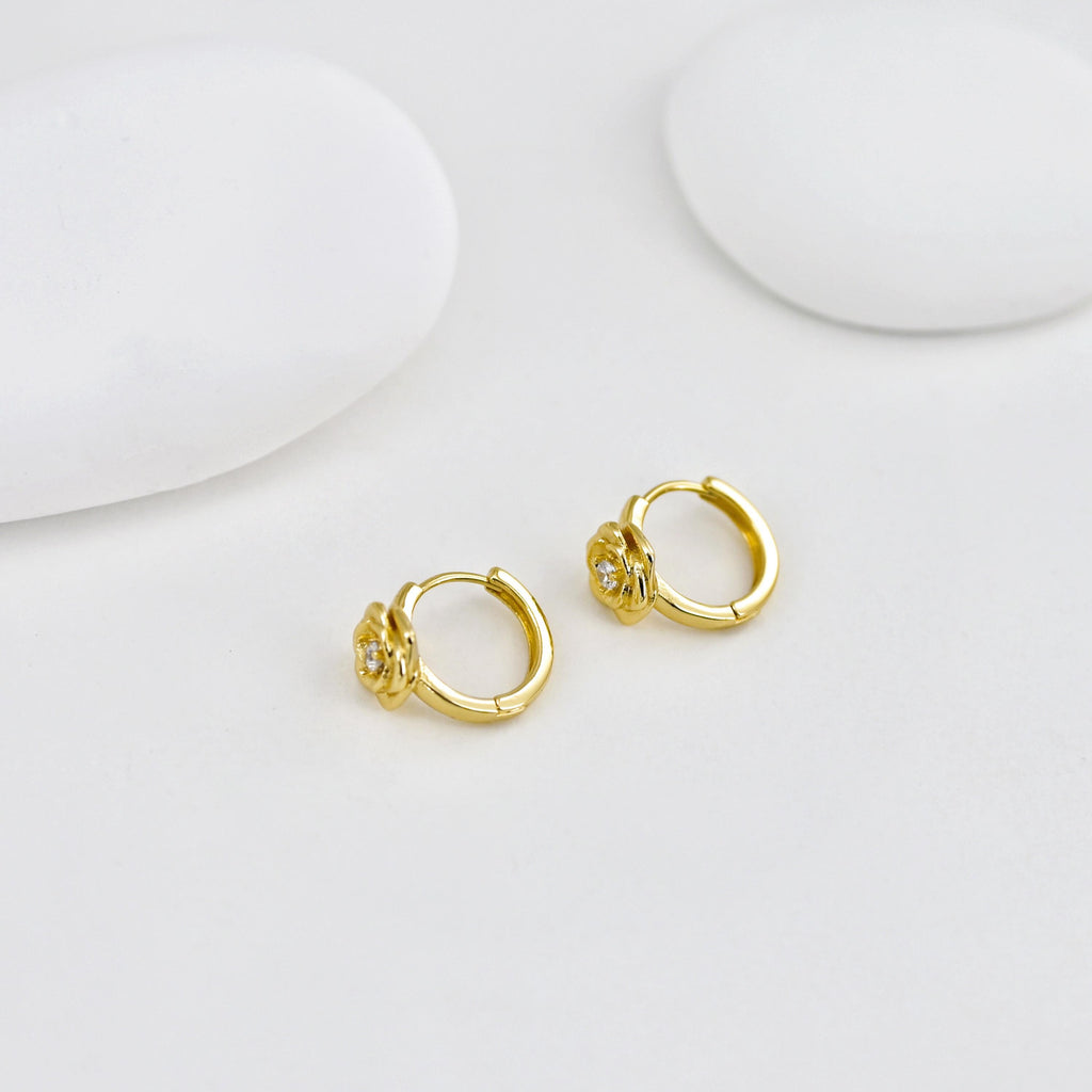 Rose Ear Hoops Pave CZ, Round Hoops, 17.5mm, 18K Gold Plated Leverback Earrings, Huggie Hoops Earring D0550