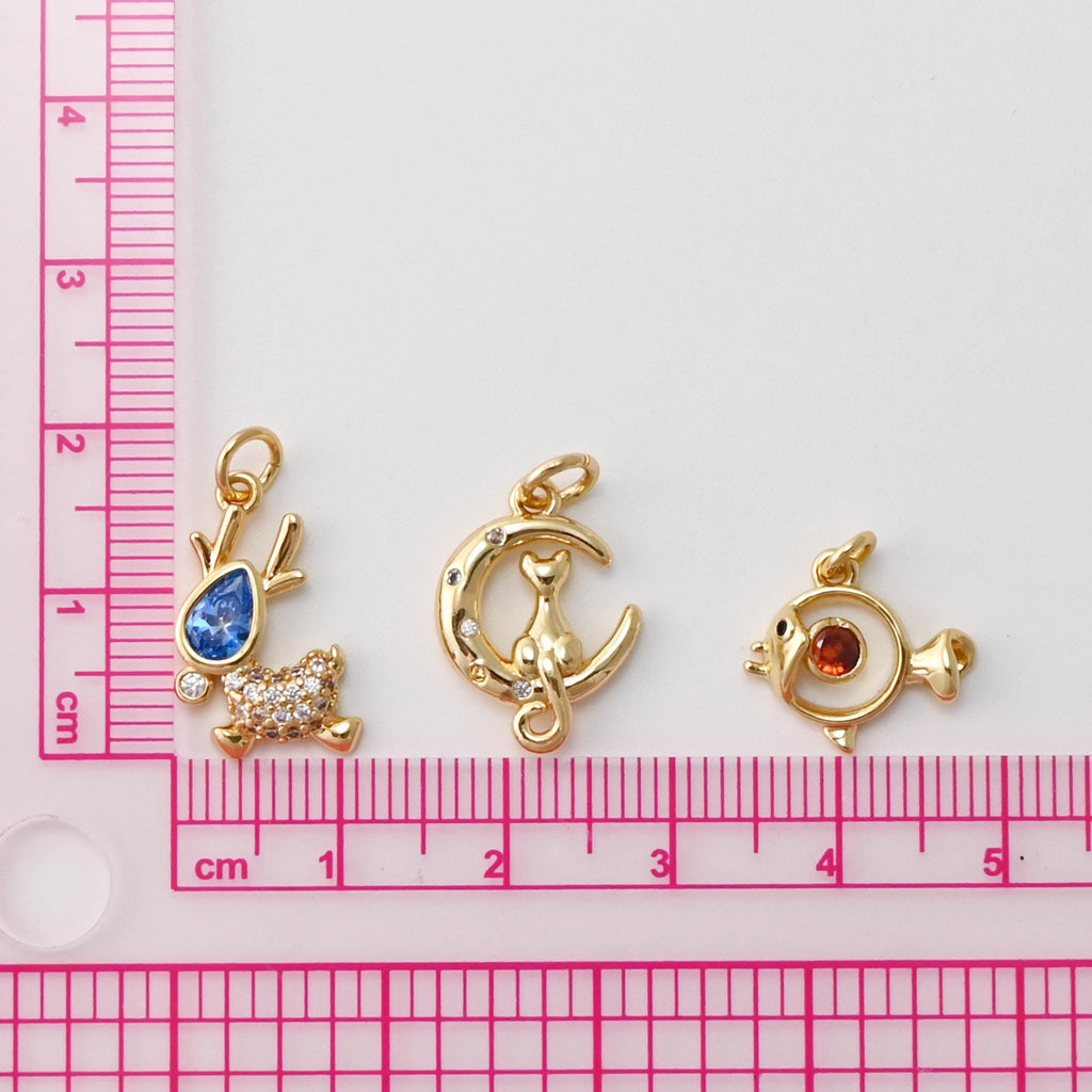 Dijes de ciervo, pez y gato con luna, con circonitas cúbicas pavé, chapados en oro de 18 quilates, para hacer pulseras y pendientes, accesorios de joyería S1442