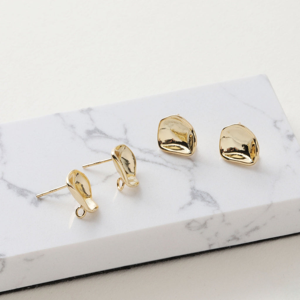 Hammered Irregular Earring Post, S925 Silver Pin, CZ Pave, Nickel Free Earrings, Irregular Shape Ear Stud with Loop JJ026-CX012