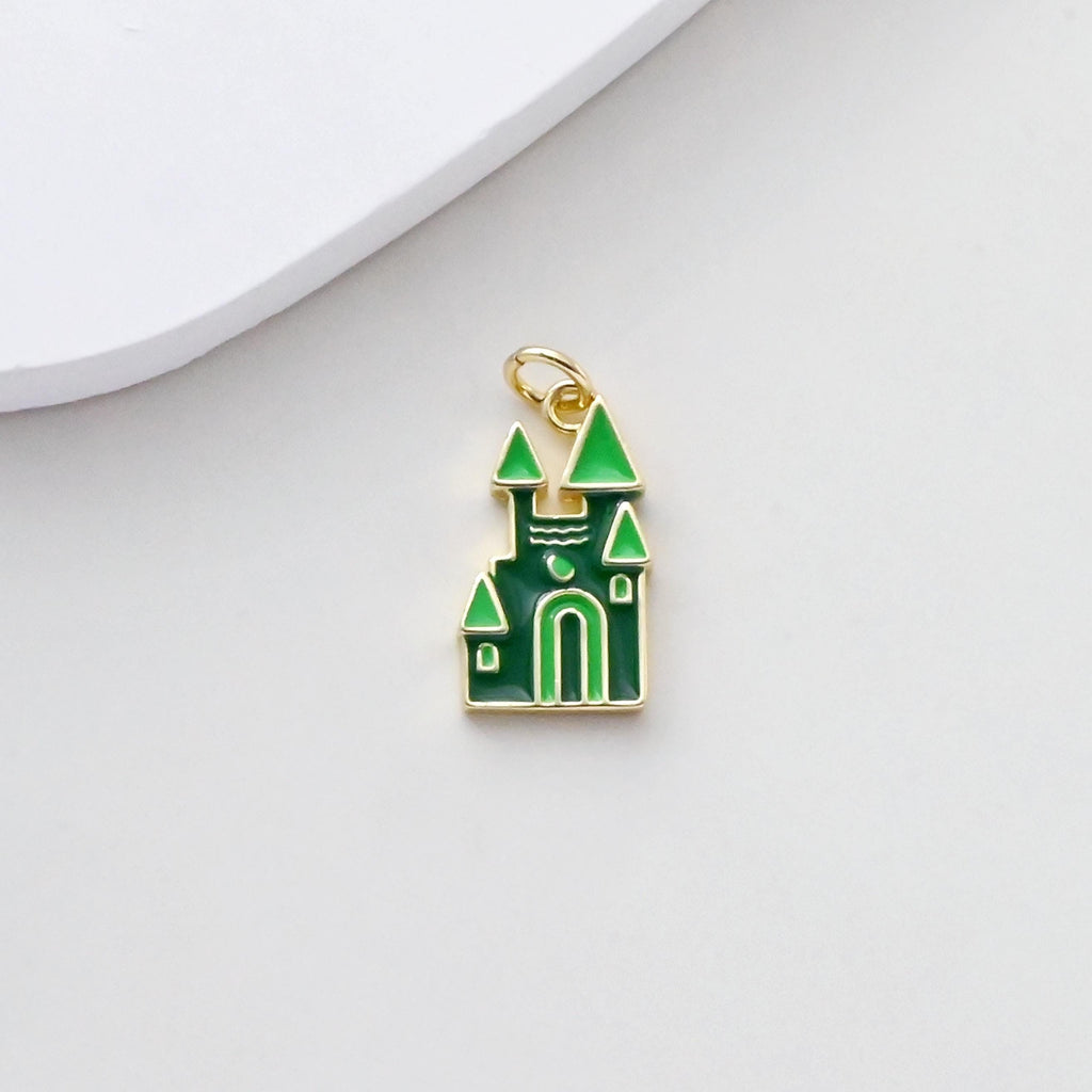 Colgante de castillo, dijes de castillo 3D esmaltados, dijes de castillo chapados en oro de 18 quilates, para hacer pulseras y collares, accesorios de joyería S1376