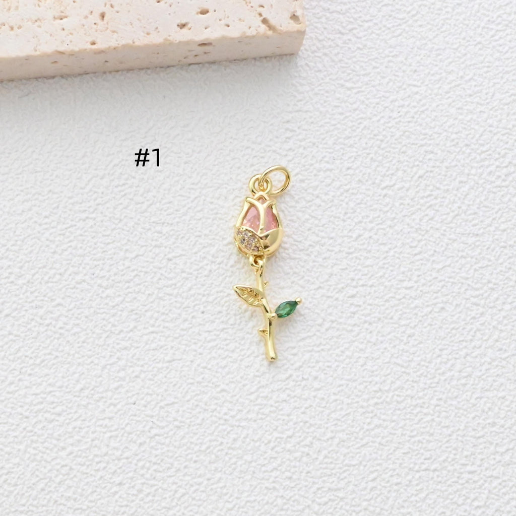 Rose Flower Charms, Tulip Charms, CZ Pave, 18K Gold Plated Flower Pendant, For Necklace And Earrings Making, Jewelry Findings S1348