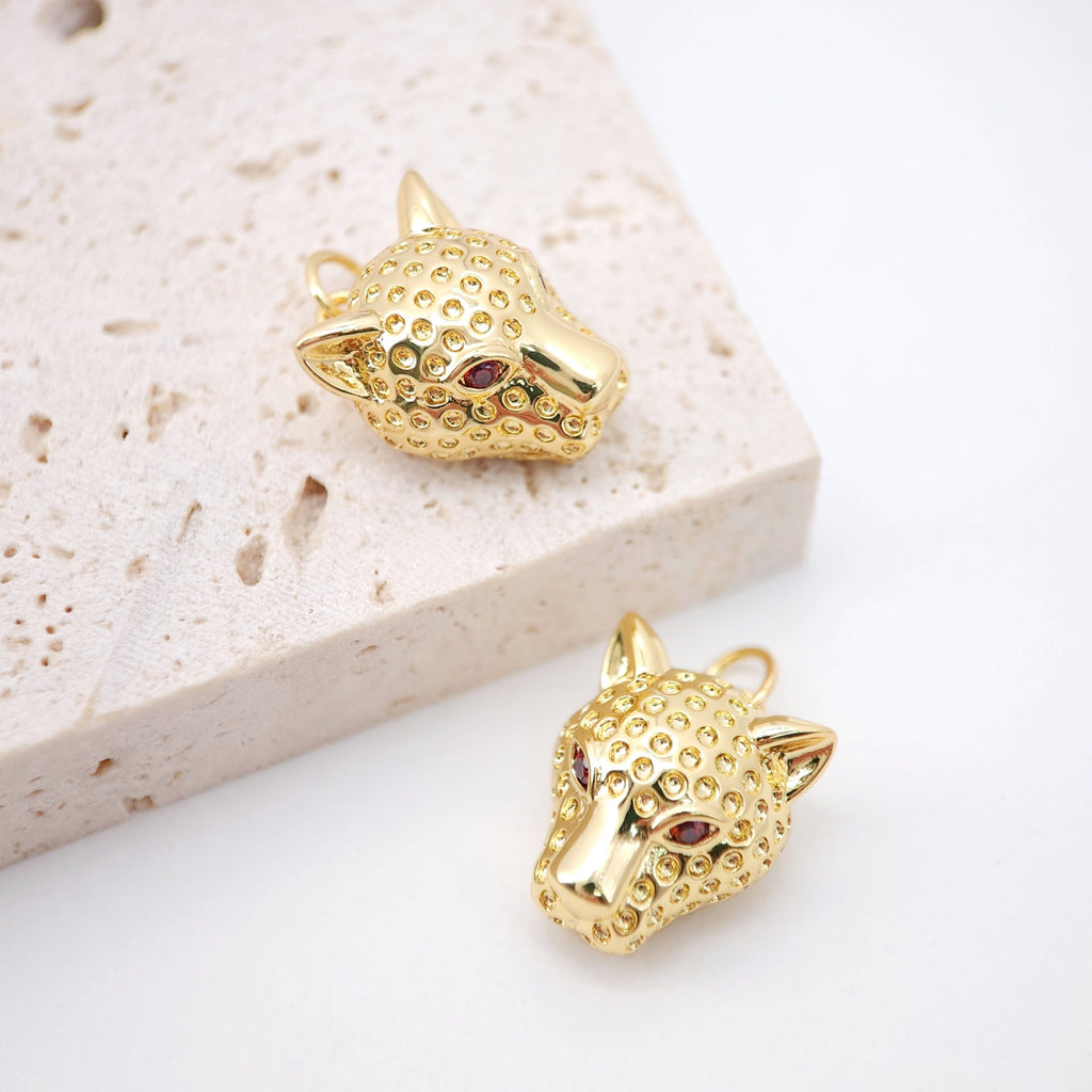Leopard Head Spacer Pendant, 18K Gold Animal Head Charm For Bracelet Necklace Making, CZ Pave, Jewelry Findings S20639