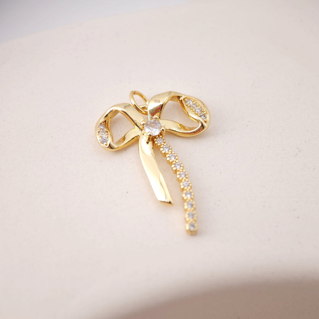 CZ Pave Bow Tie Charm, Cubic Zircon Crystal Bow Tie Pendant, Bracelet Necklace Pendant,  Gold Plated, Jewelry Findings S1202
