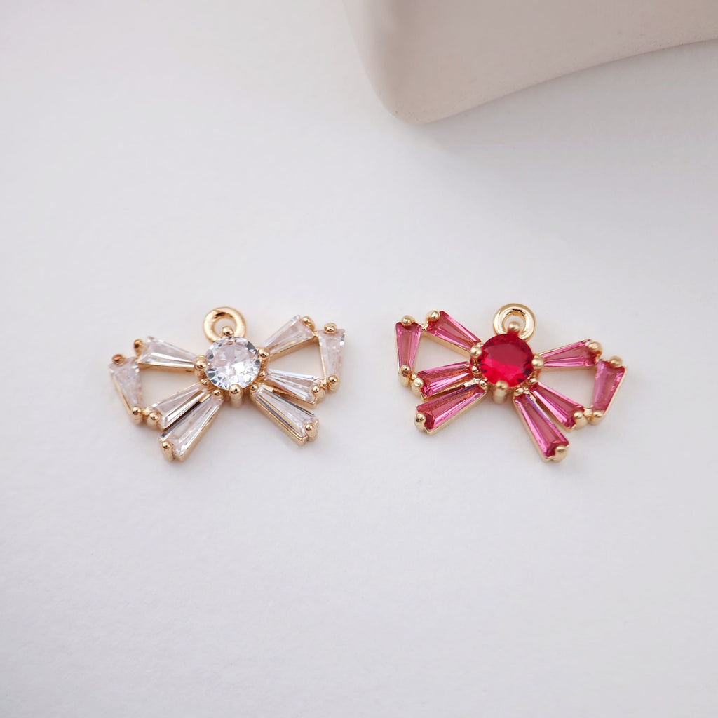 Cubic Bow Charm, 14K Gold Plated Bow Tile Pendant, Clear Micro CZ Pave Bowtie Charm, 18x12mm, Jewelry Findings STG013-F168-F075