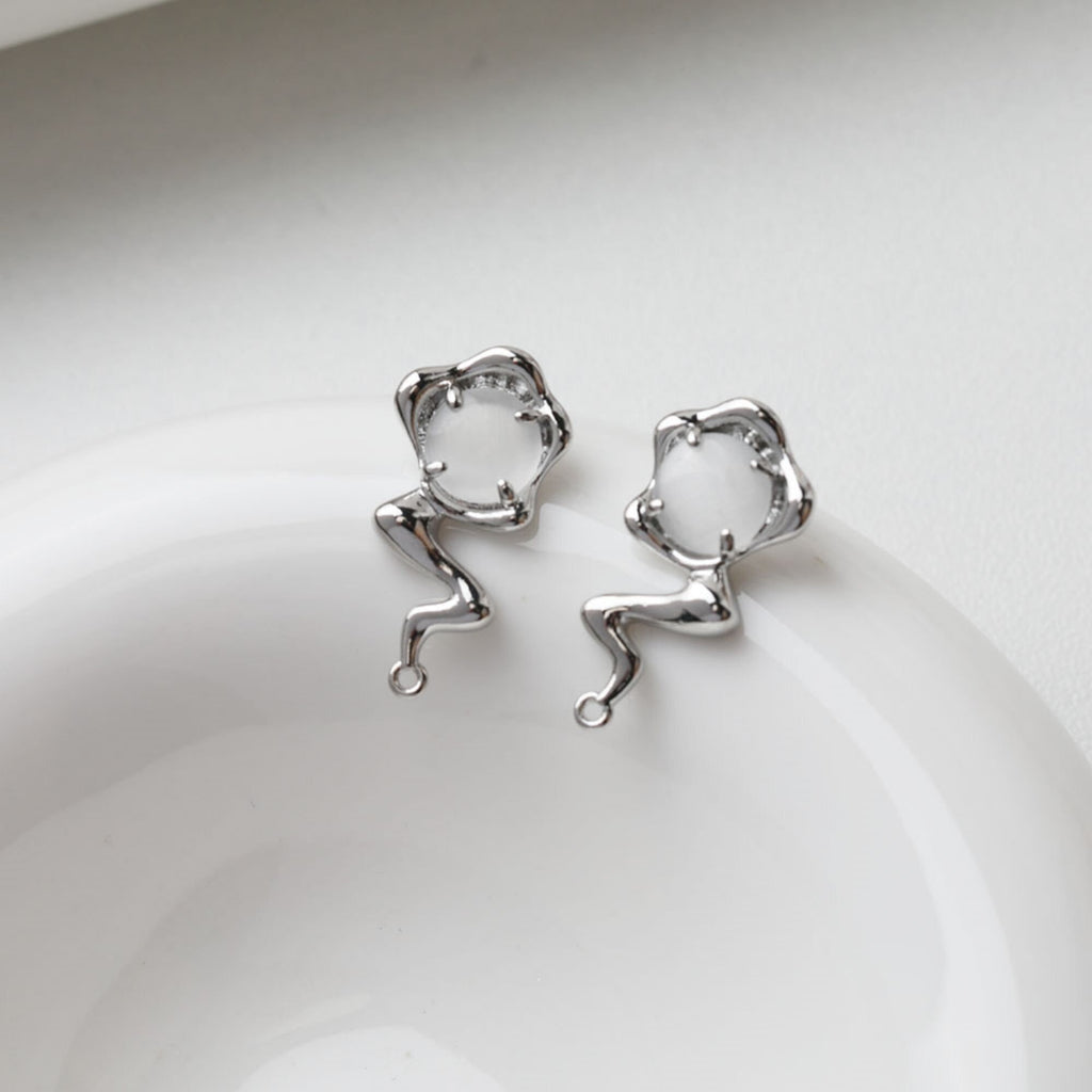 Irregular Cat's Eye Stone Earring Post, 14K Gold/Silver, S925 Silver Pin Nickel Free Earrings, Circle Ear Stud with Loop GE105