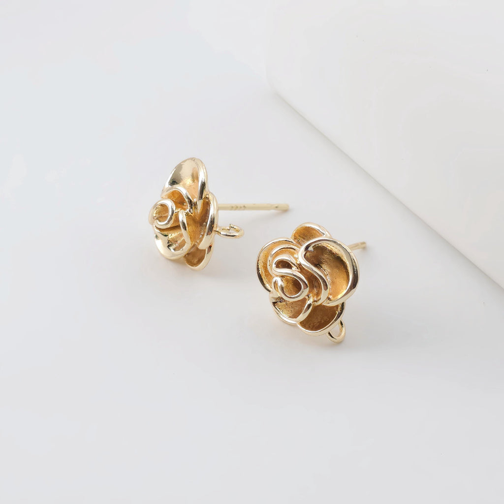 Rose Flower Earring Post, 18K Real Gold Plated Brass Stud Earring With Loop, Nickel Free, Earring Finding ZX326