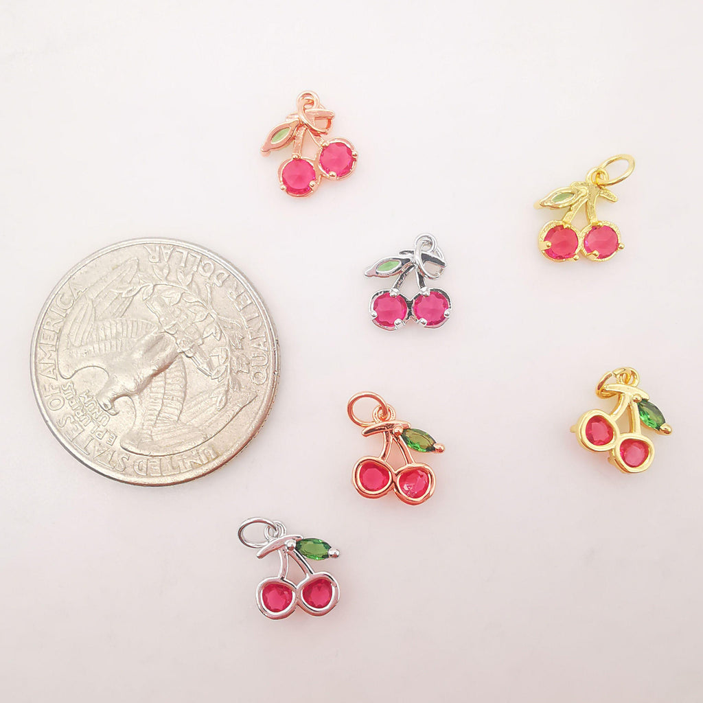 2 dijes de cereza roja de 9 x 8 mm, chapados en oro de 18 quilates, con pavé cúbico, para collar, accesorios de joyería S627