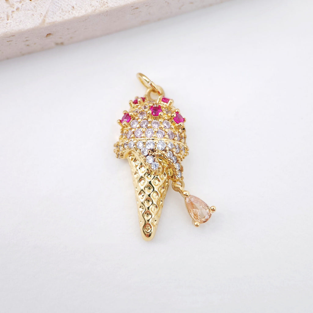 3D Pinecone Pendant, Ice Cream Pendant, 18K Gold Plated Charm, CZ Pave, Necklace Making Charms, Jewelry Findings S947