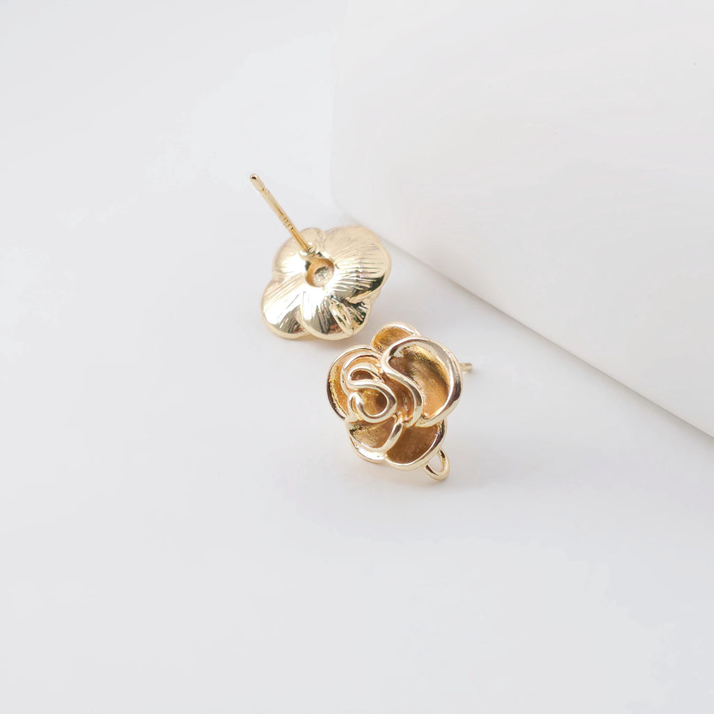 Rose Flower Earring Post, 18K Real Gold Plated Brass Stud Earring With Loop, Nickel Free, Earring Finding ZX326