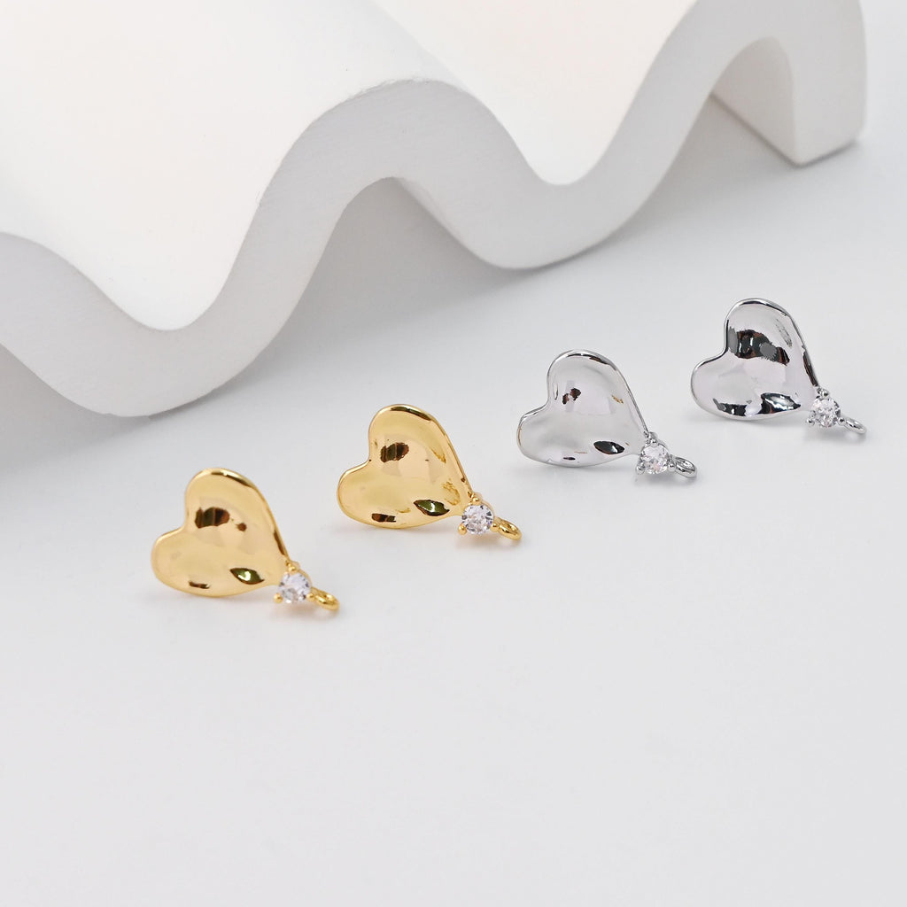 Heart Earrings Post With Loop, Pave CZ, 18K Gold Plated, Nickel Free, S925 Silver Pin, Ear Stud Hypoallergenic Earring Findings D0454