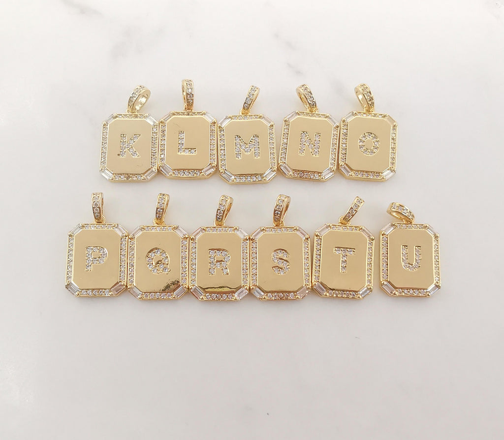 Cubic Alphabet Letter Card Charm, 18K Gold Plated CZ Micro Pave Initial Pendant, 25mm, Necklace Bracelet Earring Making S20312