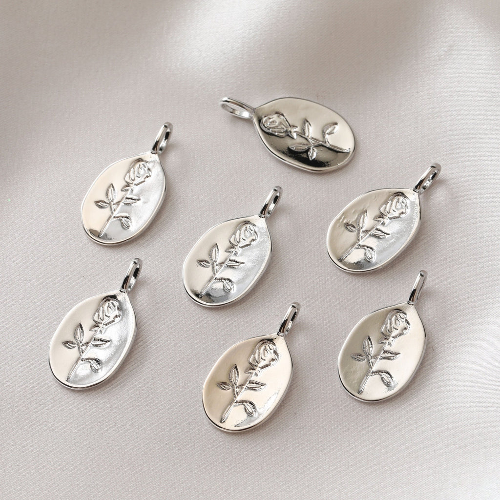 Rose Charm On Oval Shape, 18K Gold/Silver Plated, Flower Pendant, Necklace Earring Making Charms, 25mm, Jewelry Findings JH007