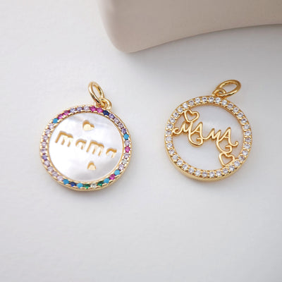Cubic Round  MOP Mom Charm, 18K Gold Plated Micro CZ Pave Mama Pendant, Necklace Making Findings, Jewelry Finding Gift for Mom S1124