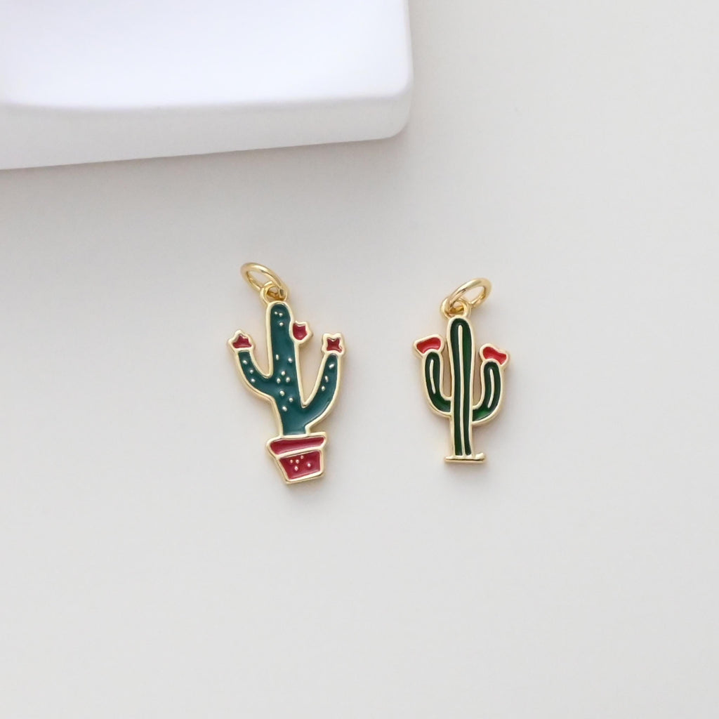 Enamel Cactus Pendant, 18K Gold Plated Charm, Dainty Jewelry Making Pendant S1309