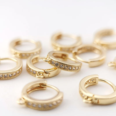 10PCS Cubic Pave Ear Hoops, 14mm 14K Gold Plated Leverback Earrings, Huggie Hoops Earring Finding with Loops Z062