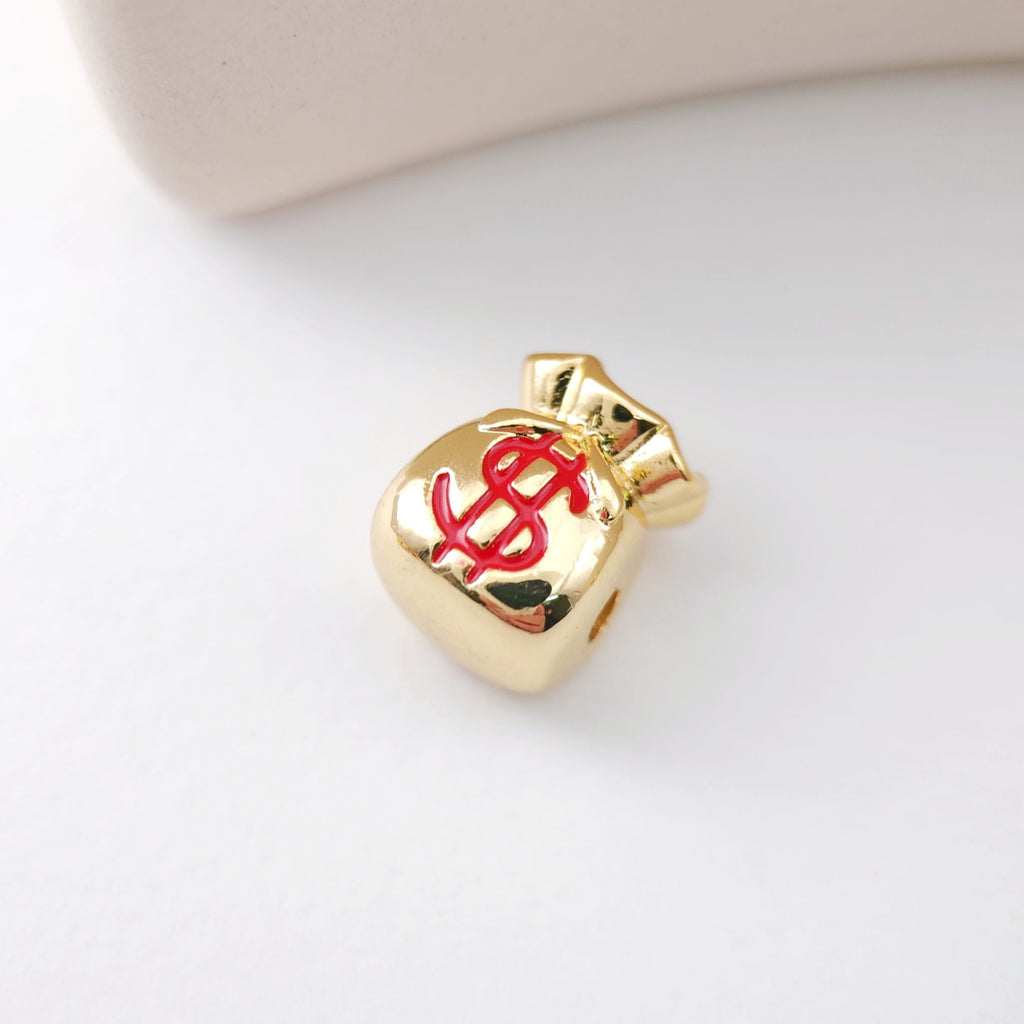 Enamel Money Bag Beads, Dollar Spacer Beads, 18K Gold Plated,  Bracelet Necklace Making Jewelry Finding S1136