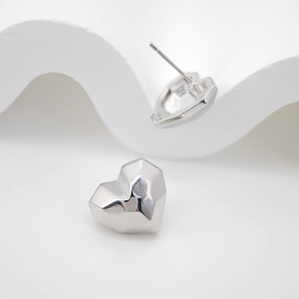 10pcs Square Heart Earring Post, S925 Silver Pin Nickel Free Earrings, Diamond cut Square Shape Ear Stud with Loop ZX096