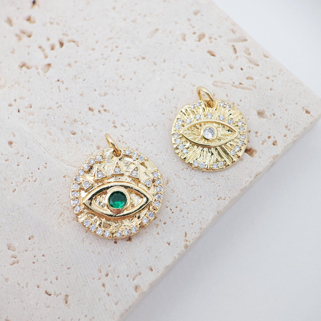 Cubic Evil Eye Charm, 18K Gold Plated Micro CZ Pave Round Pendant, 15mm, Necklace Making Charm, Jewelry Findings S129
