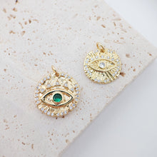 Load image into Gallery viewer, Cubic Evil Eye Charm, 18K Gold Plated Micro CZ Pave Round Pendant, 15mm, Necklace Making Charm, Jewelry Findings S129